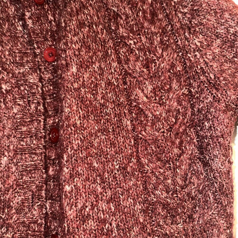 LL Bean Women's Cardigan Sweater Size L Cable Knit Burgundy Button Up Wool Blend - Picture 2 of 5